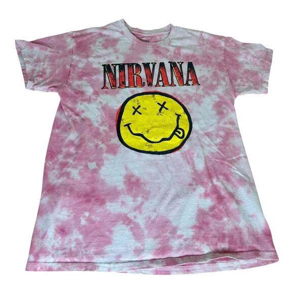 Nirvana Pink Tie Dye Yellow Smiley Band Tee Size Medium - Picture 1 of 4